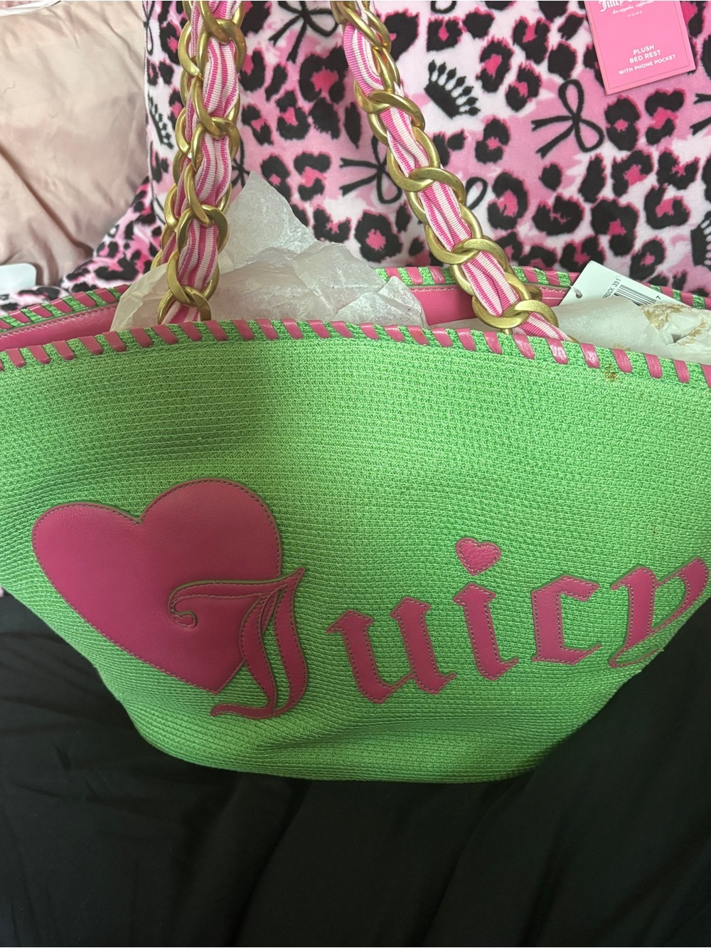 Juicy Couture Green and Pink Straw Tote with Gold Chain Handles